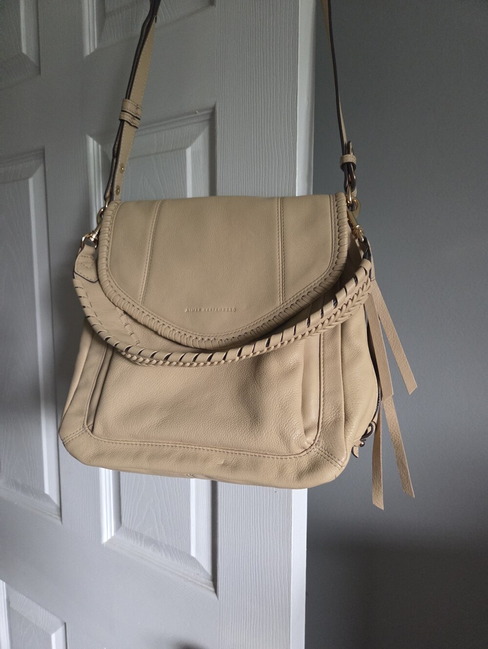 Aimee Kestenberg Beige Braided-Flap Leather Crossbody